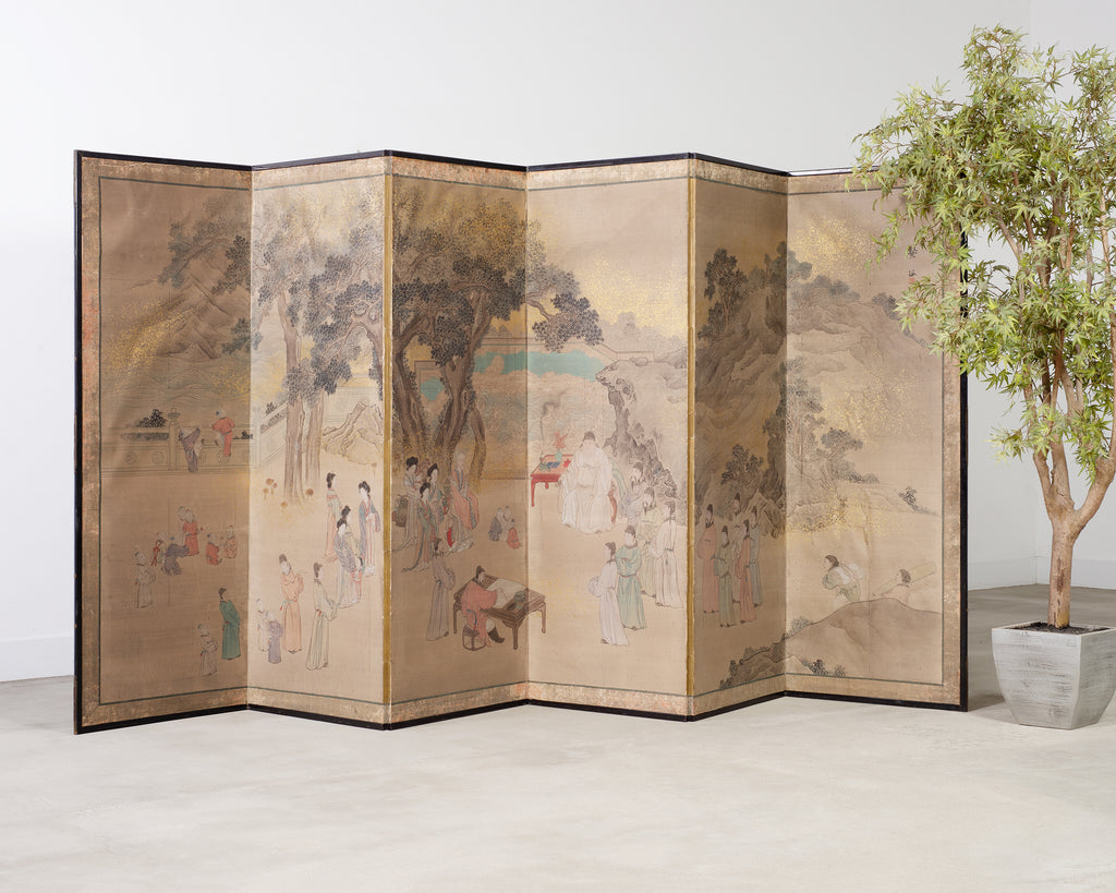 19th C. Japanese Edo Six Panel Screen Chinese Official's Gathering