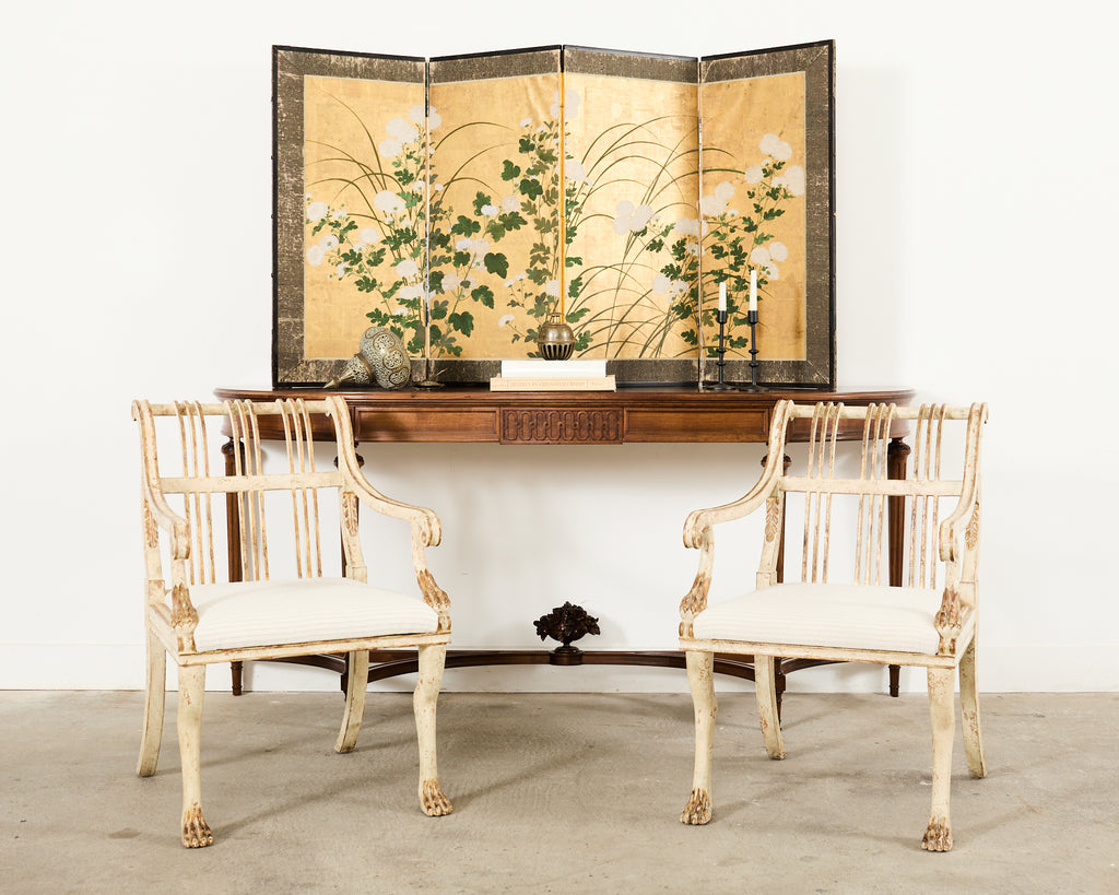 Japanese Edo Four Panel Screen Flowering White Chrysanthemums