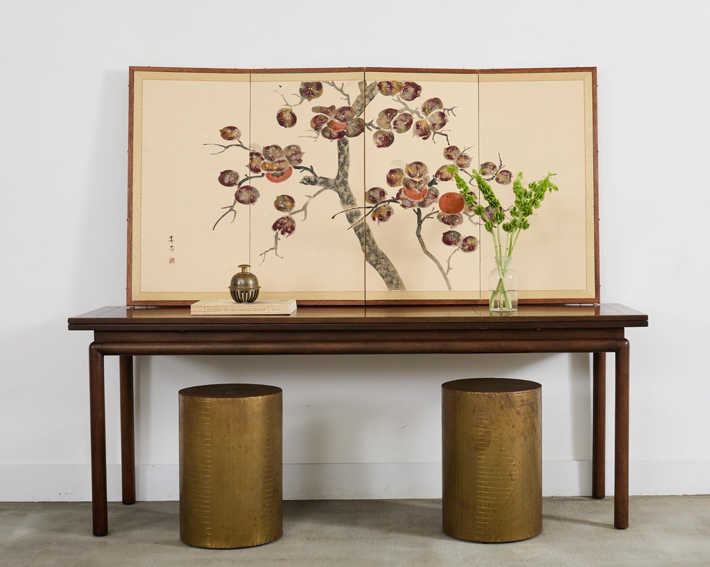 Japanese Showa Four Panel Screen Fruiting Pomegranate Tree