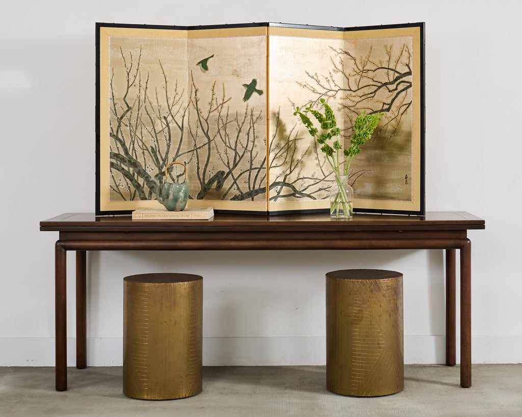 Japanese Showa Four Panel Screen Prunus with Songbirds