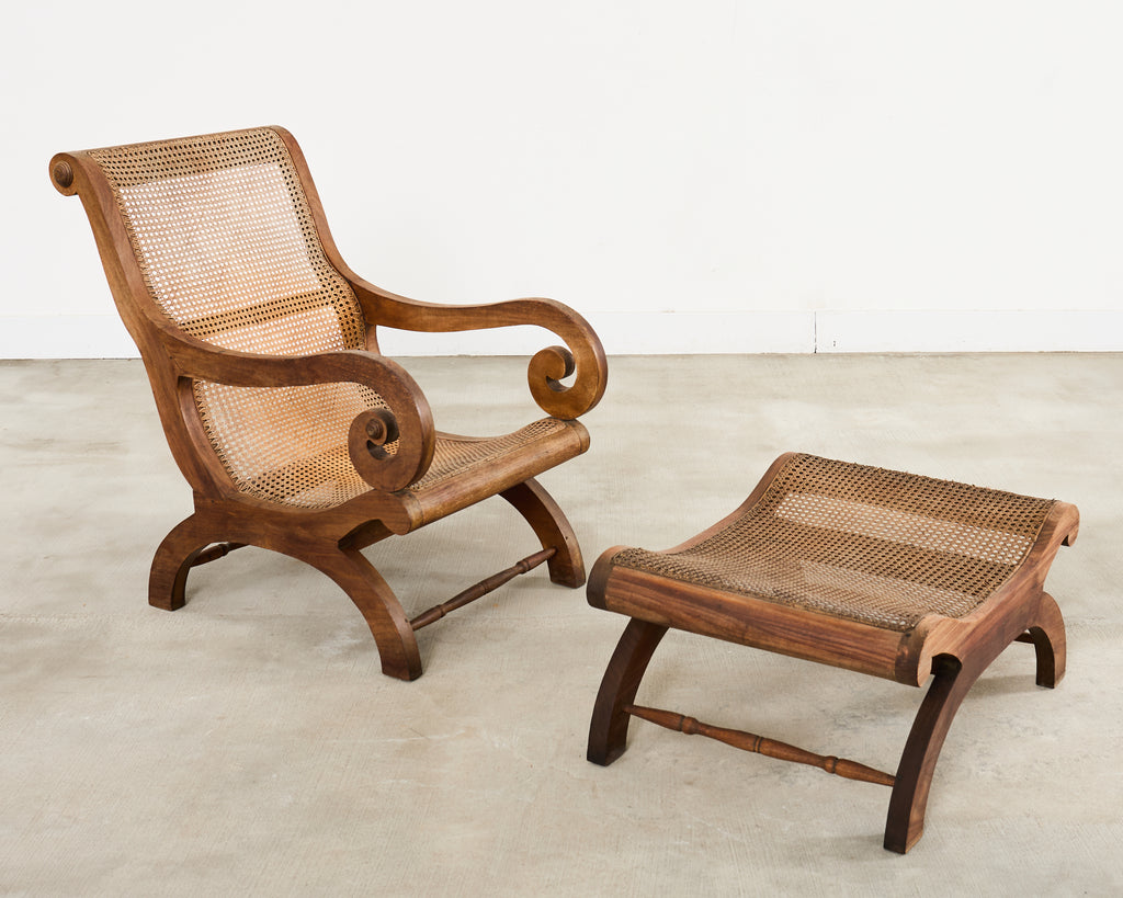 British Colonial Style Plantation Lounge Chair with Ottoman