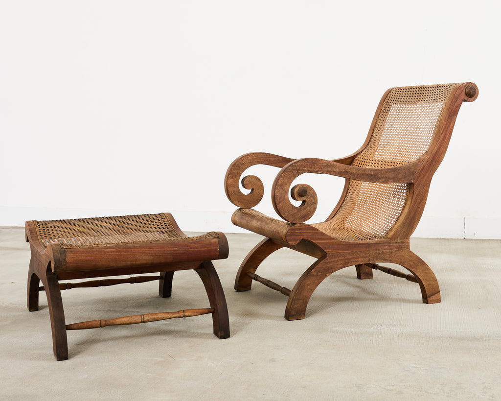 British Colonial Style Plantation Lounge Chair with Ottoman