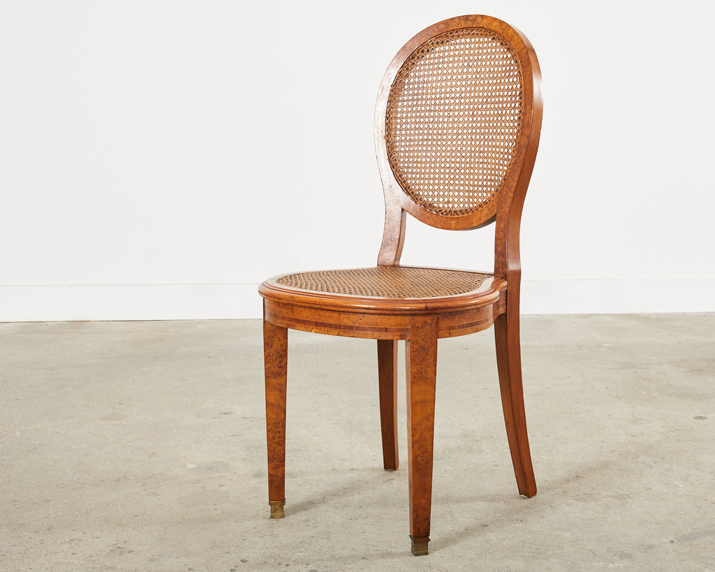 Set of Six French Burlwood Caned Dining Chairs