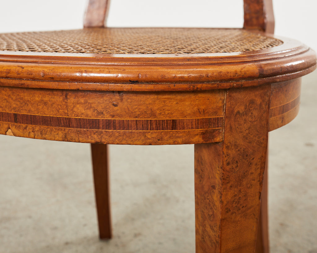 Set of Six French Burlwood Caned Dining Chairs