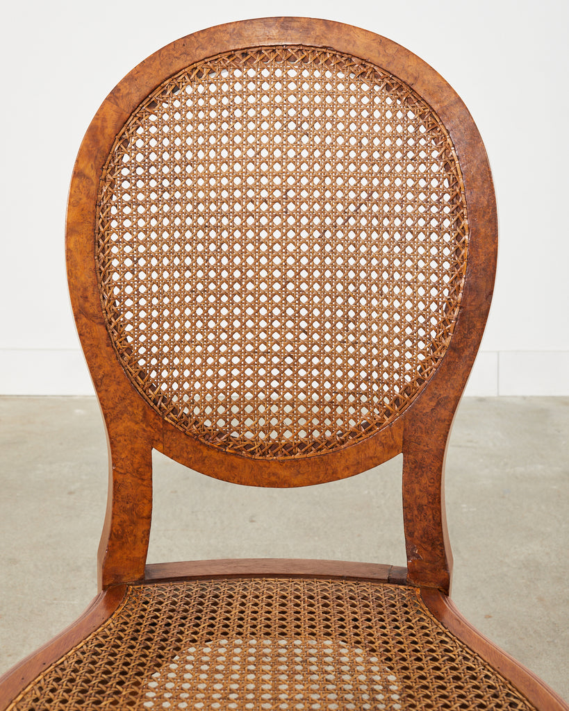 Set of Six French Burlwood Caned Dining Chairs