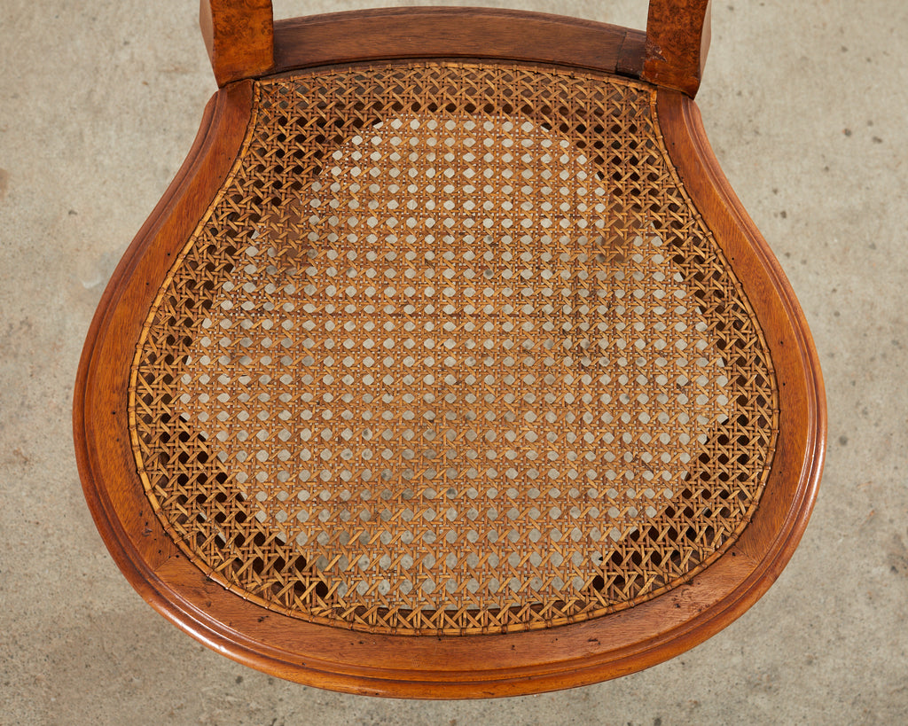 Set of Six French Burlwood Caned Dining Chairs