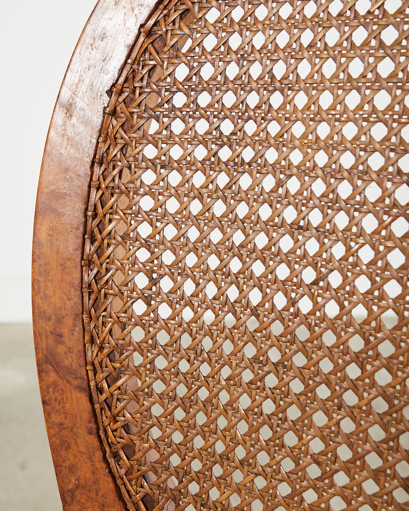Set of Six French Burlwood Caned Dining Chairs