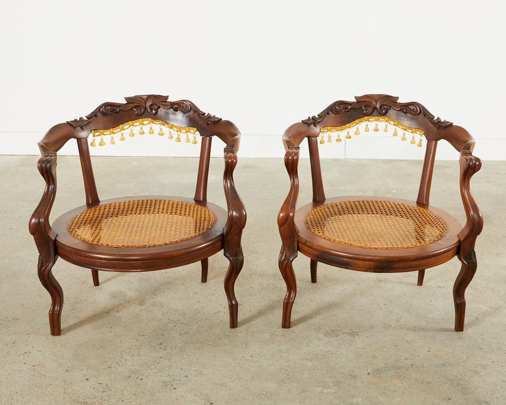 Pair of Venetian Rococo Style Caned Barrel Armchairs