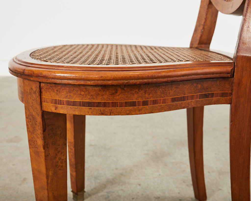 Set of Six French Burlwood Caned Dining Chairs