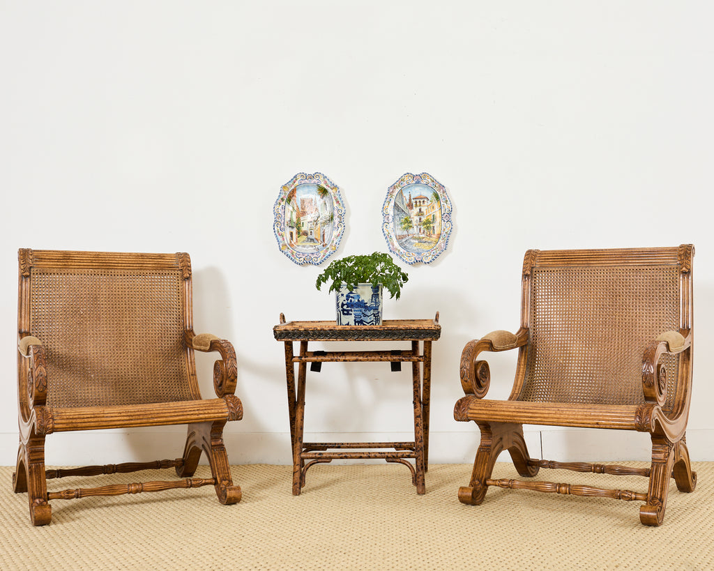 Pair of British Colonial Style Carved Caned Plantation Chairs