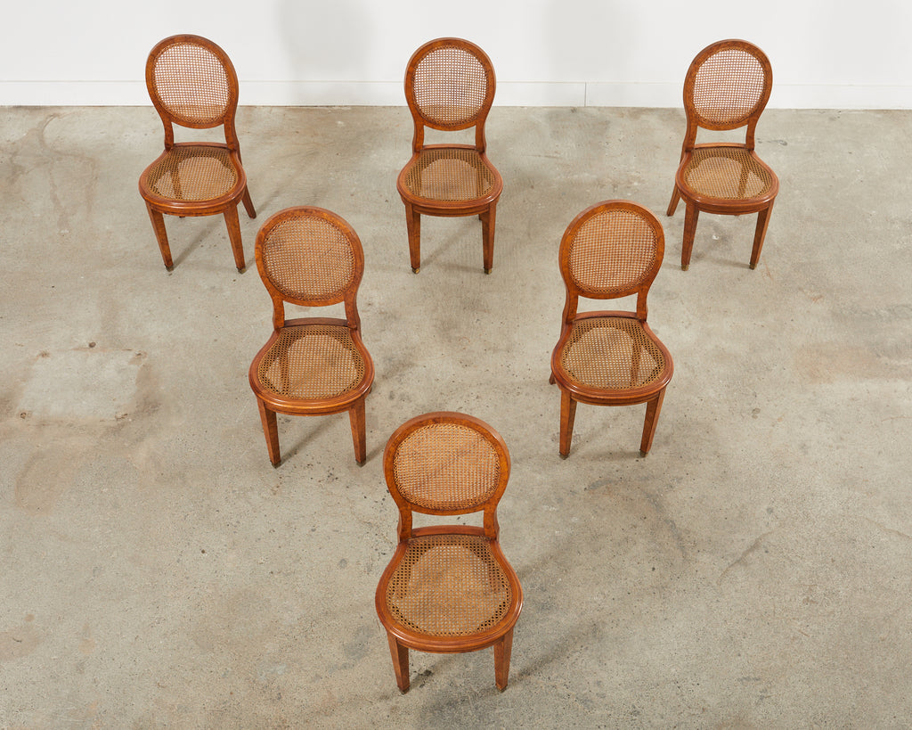 Set of Six French Burlwood Caned Dining Chairs