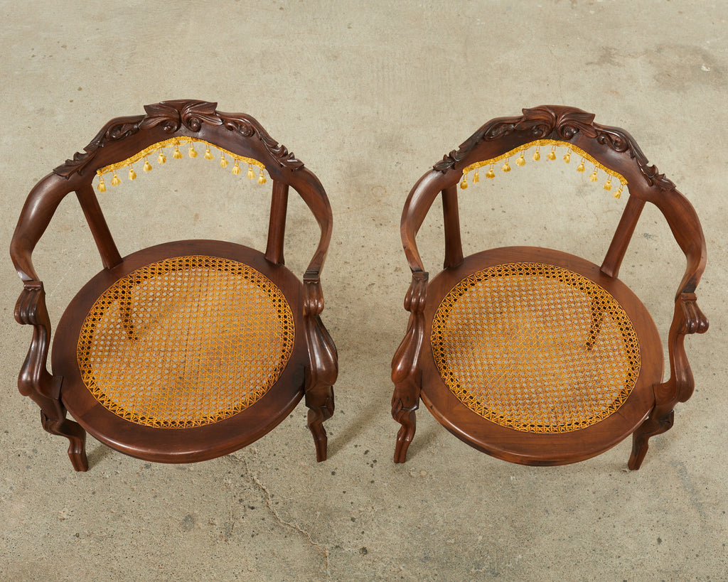 Pair of Venetian Rococo Style Caned Barrel Armchairs
