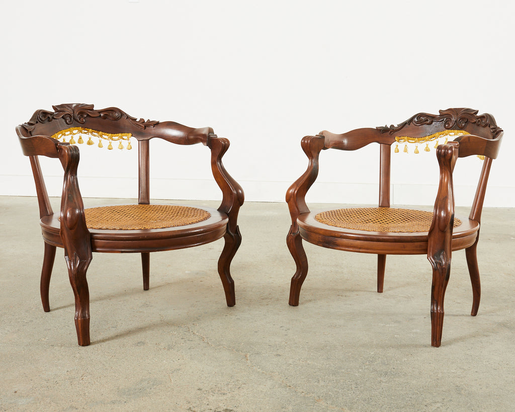 Pair of Venetian Rococo Style Caned Barrel Armchairs