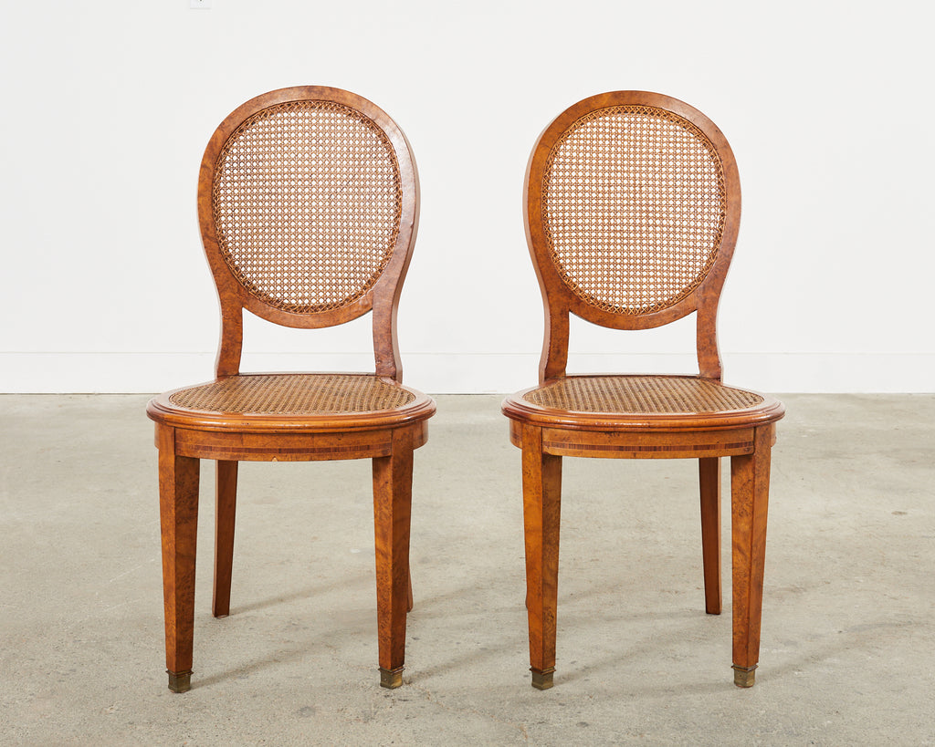 Set of Six French Burlwood Caned Dining Chairs