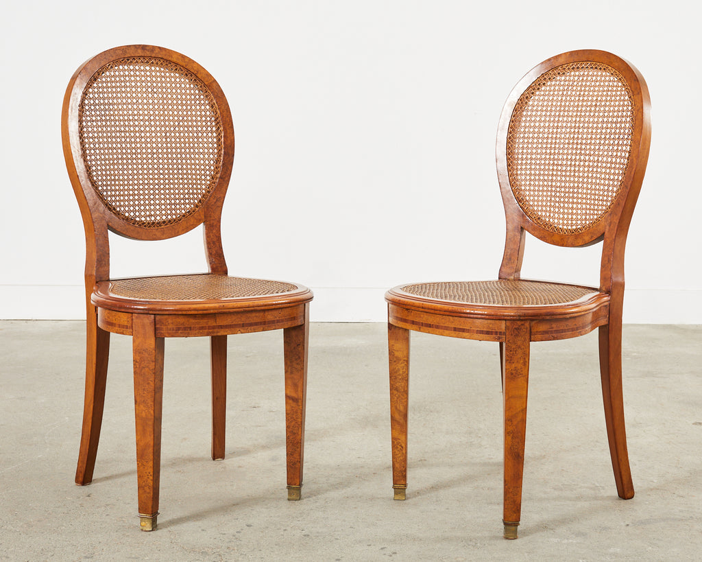 Set of Six French Burlwood Caned Dining Chairs