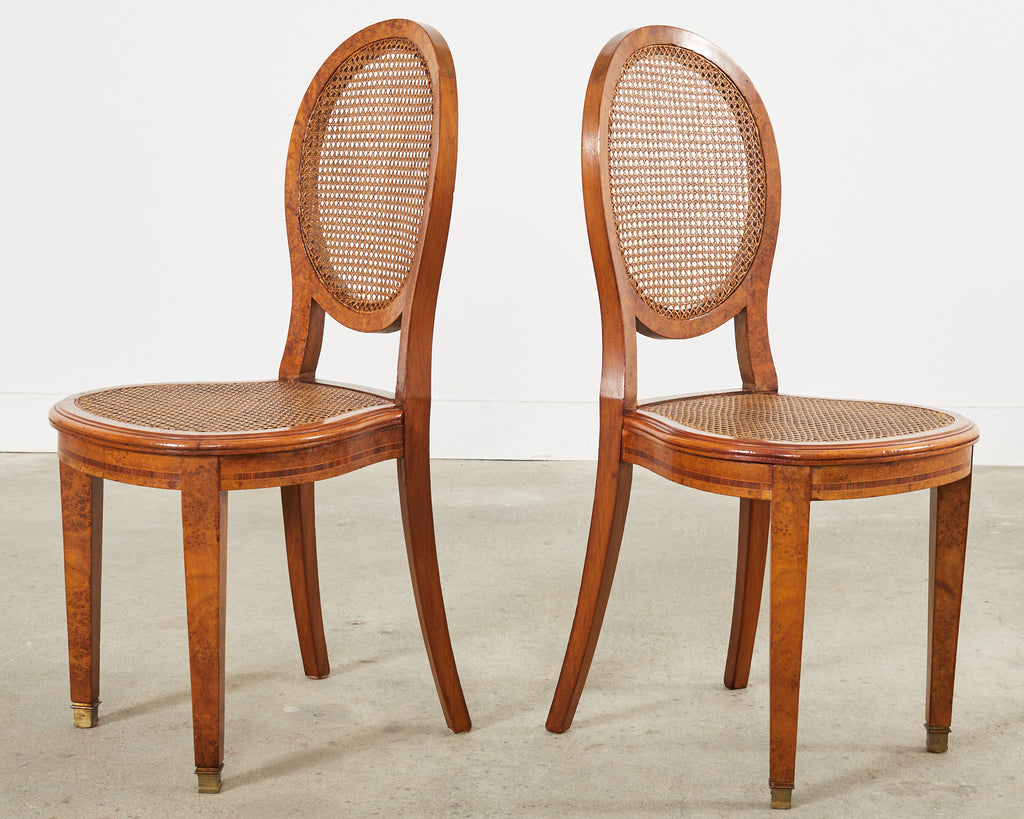 Set of Six French Burlwood Caned Dining Chairs