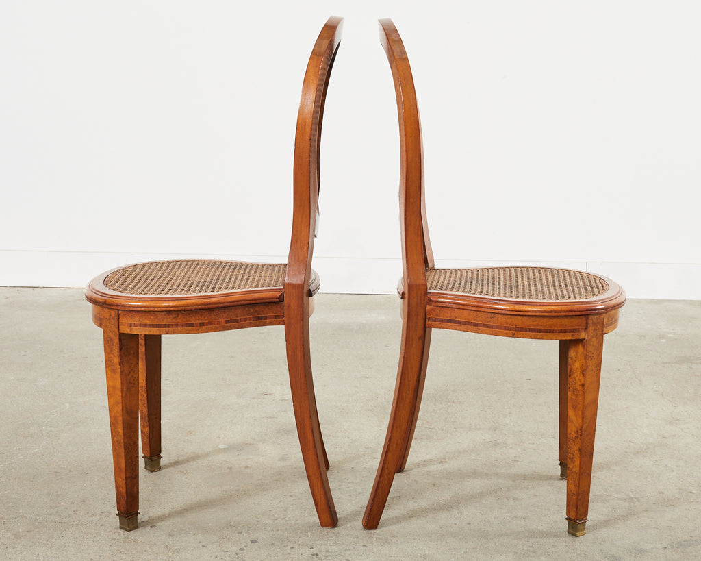 Set of Six French Burlwood Caned Dining Chairs