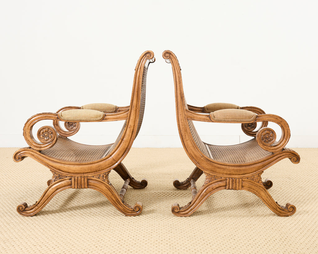 Pair of British Colonial Style Carved Caned Plantation Chairs