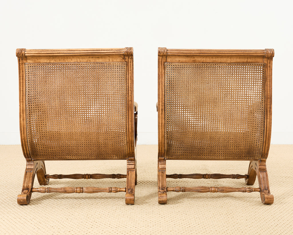 Pair of British Colonial Style Carved Caned Plantation Chairs