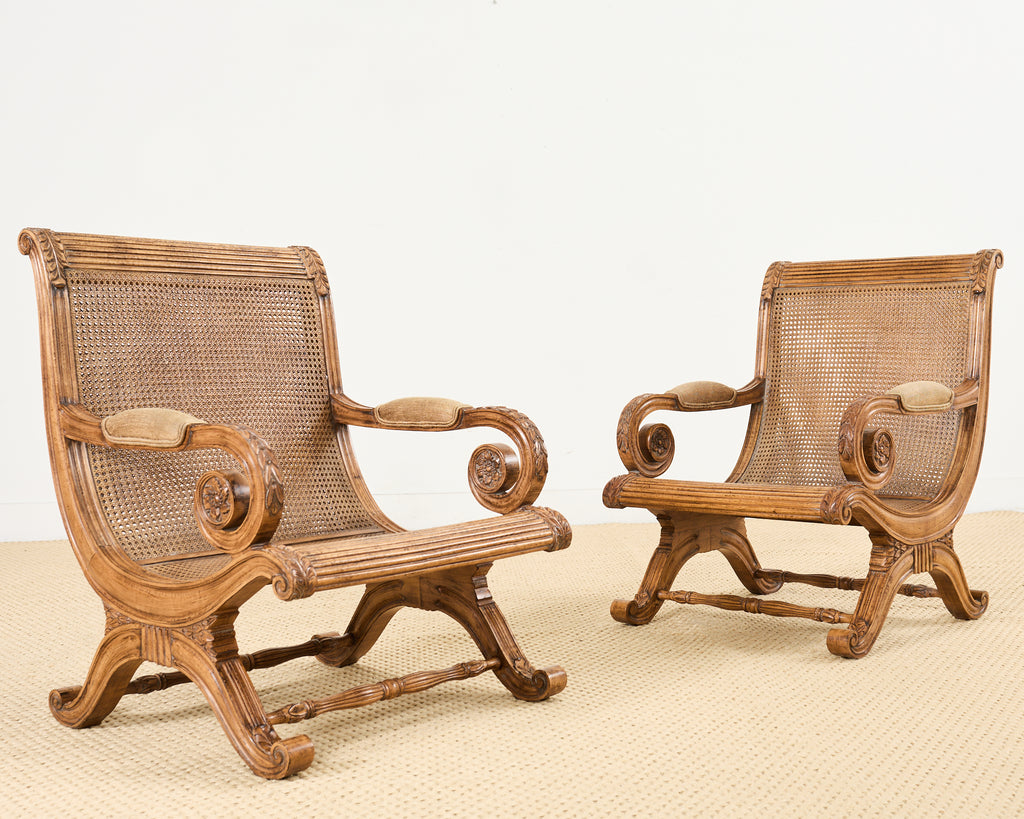 Pair of British Colonial Style Carved Caned Plantation Chairs