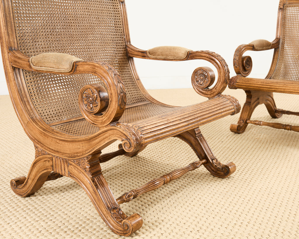 Pair of British Colonial Style Carved Caned Plantation Chairs