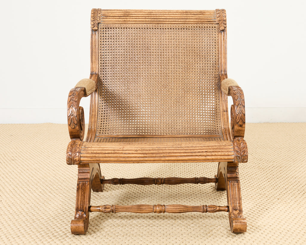 Pair of British Colonial Style Carved Caned Plantation Chairs