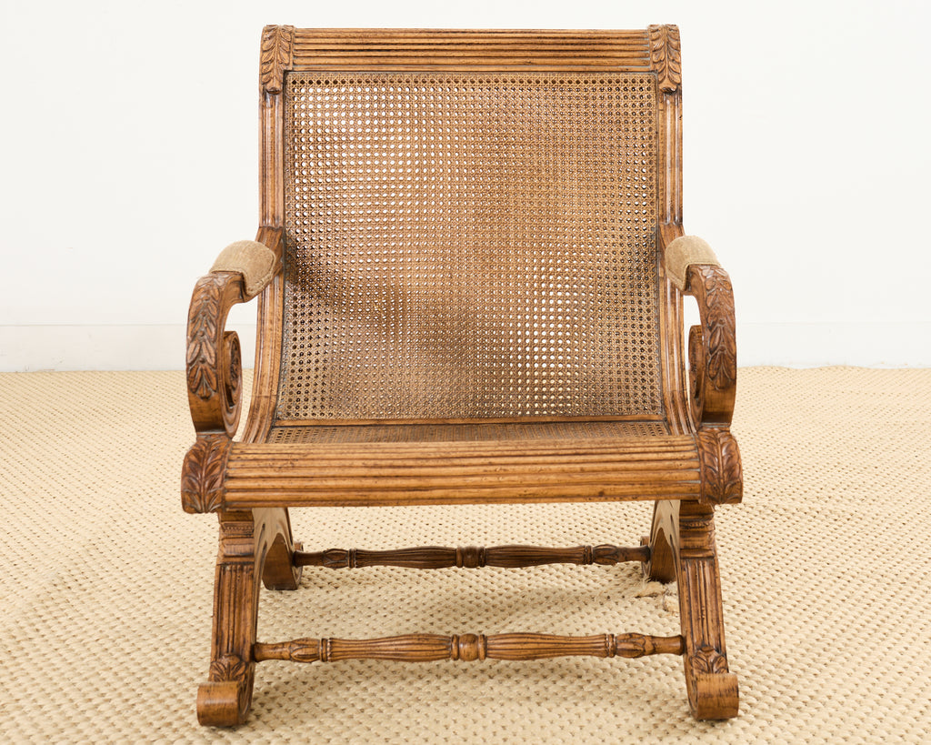 Pair of British Colonial Style Carved Caned Plantation Chairs