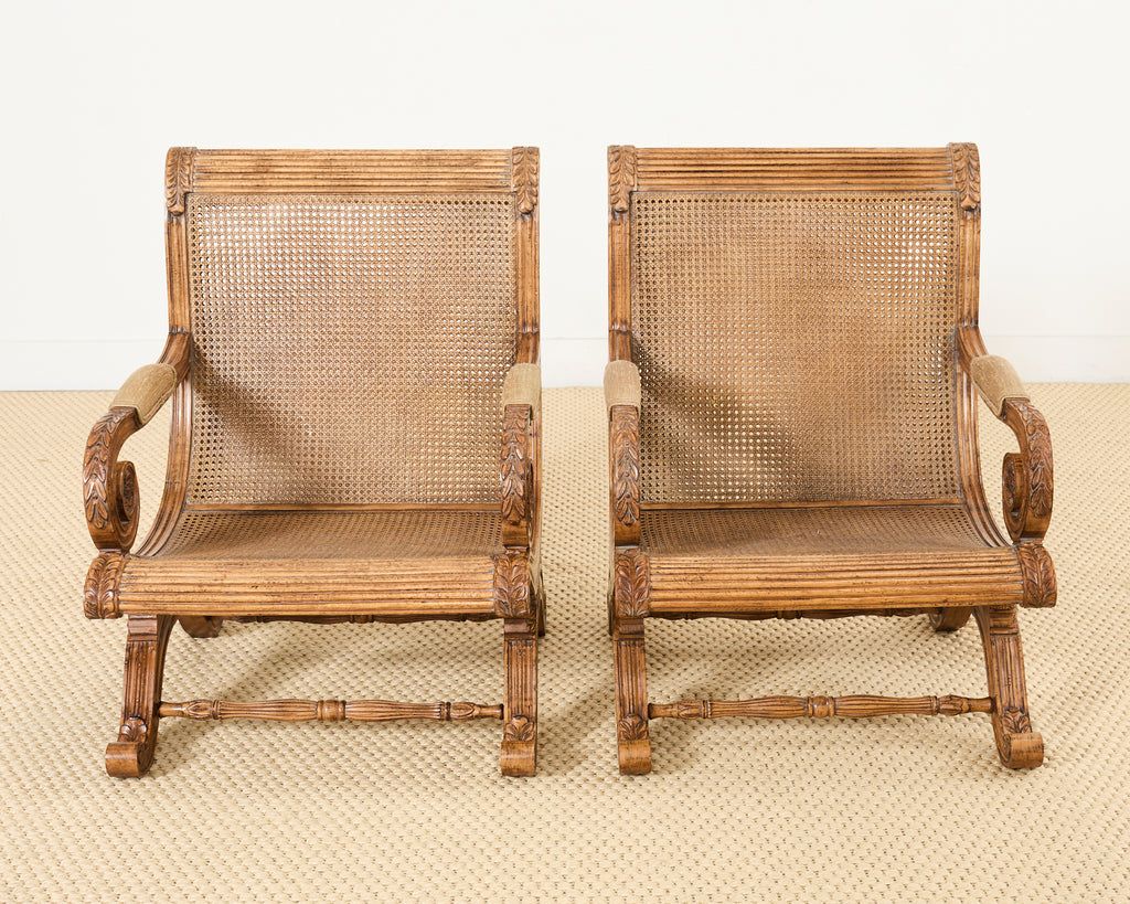 Pair of British Colonial Style Carved Caned Plantation Chairs