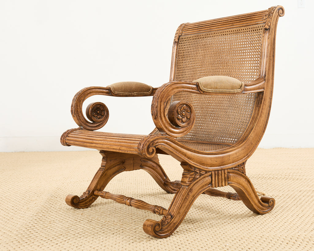 Pair of British Colonial Style Carved Caned Plantation Chairs