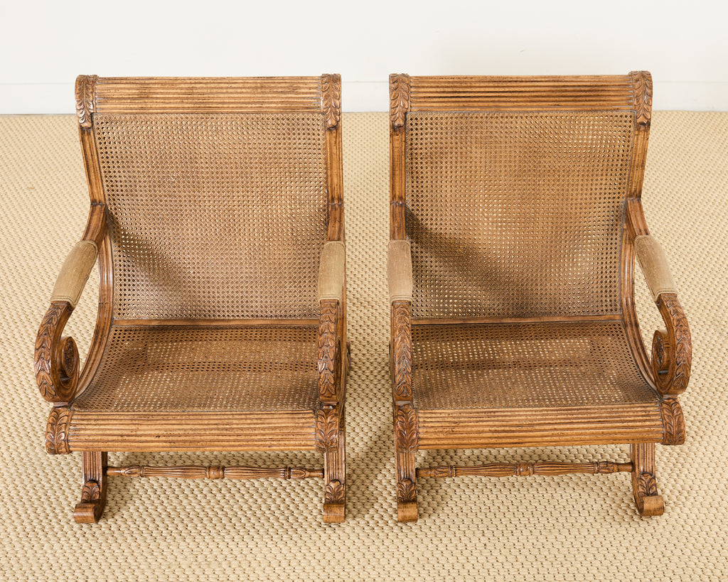 Pair of British Colonial Style Carved Caned Plantation Chairs