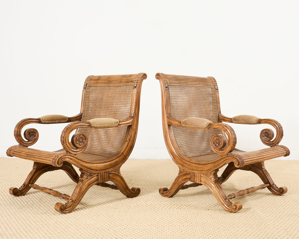Pair of British Colonial Style Carved Caned Plantation Chairs