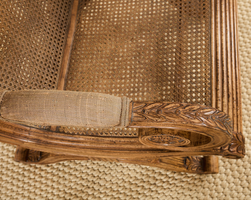 Pair of British Colonial Style Carved Caned Plantation Chairs