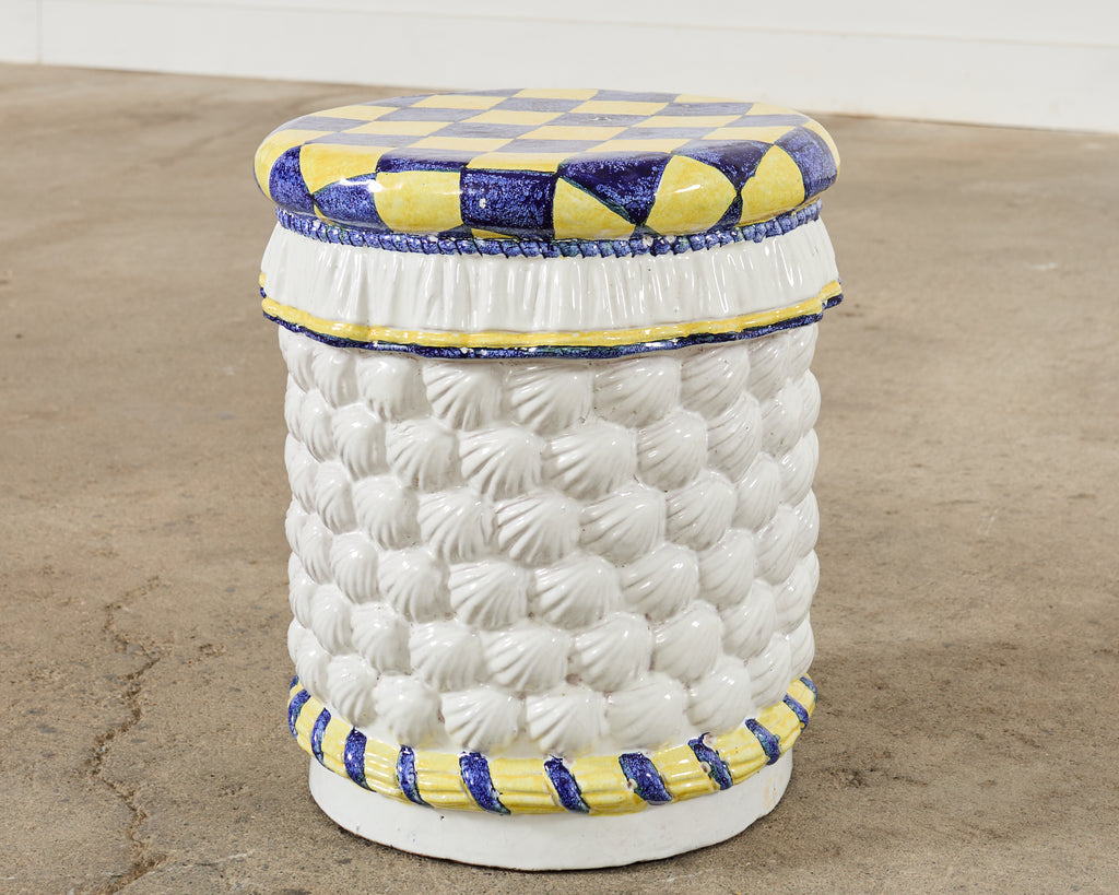 Italian Glazed Ceramic Garden Stool or Drinks Table with Seashells