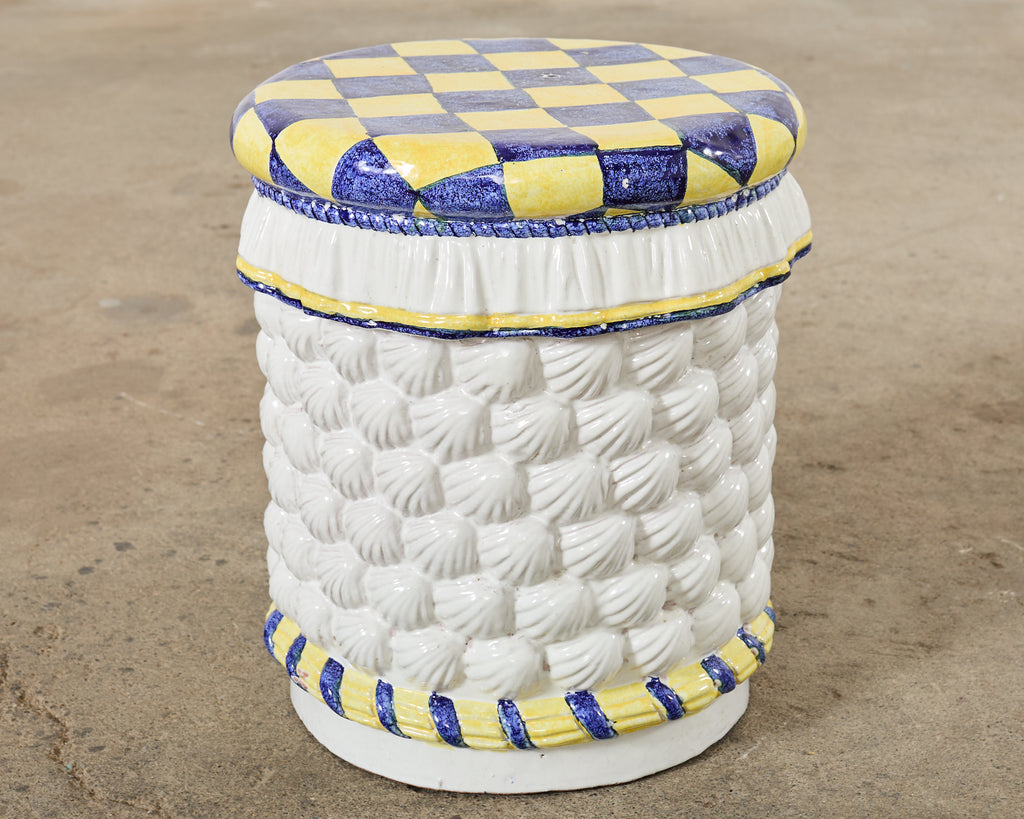 Italian Glazed Ceramic Garden Stool or Drinks Table with Seashells