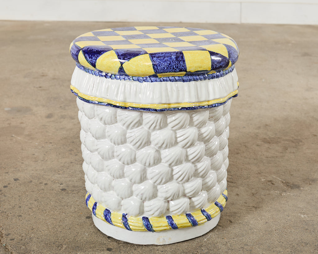 Italian Glazed Ceramic Garden Stool or Drinks Table with Seashells