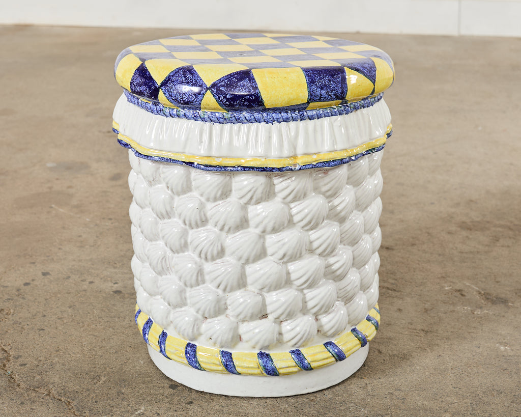Italian Glazed Ceramic Garden Stool or Drinks Table with Seashells