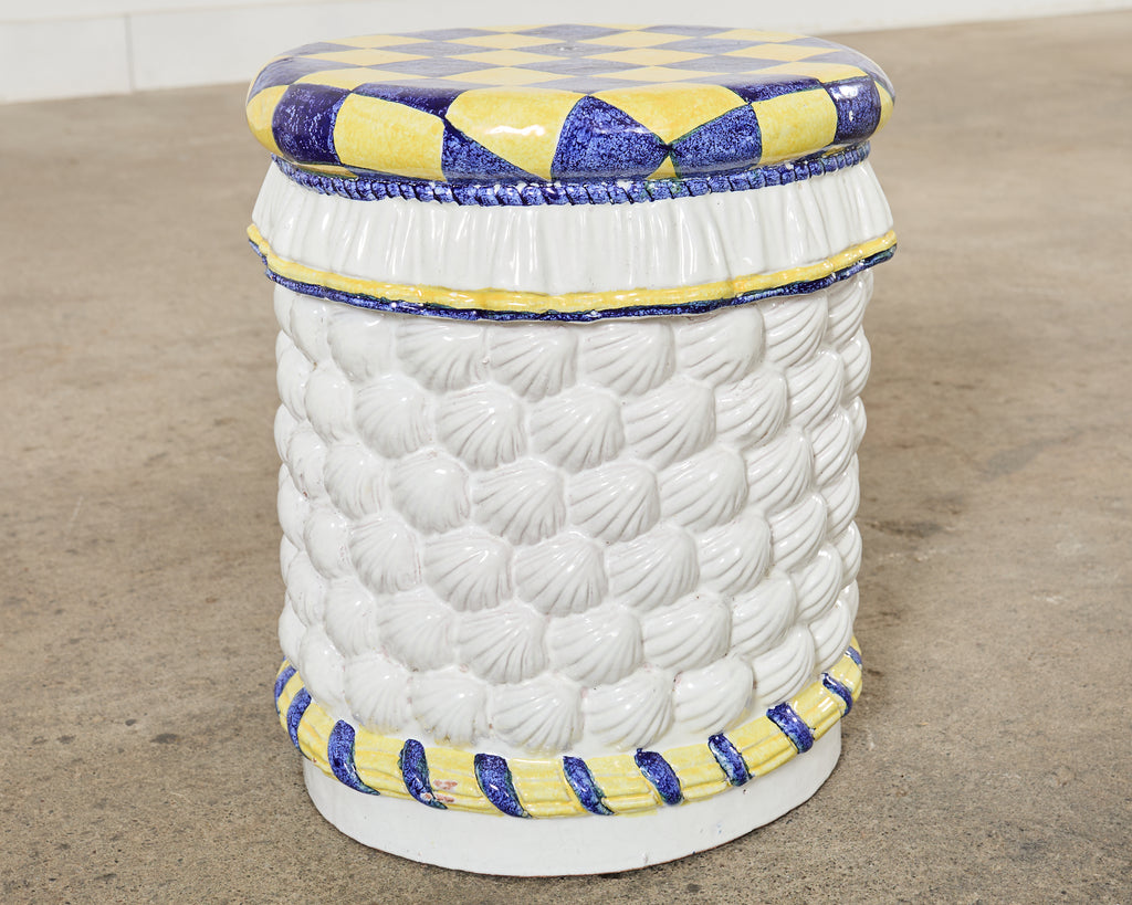Italian Glazed Ceramic Garden Stool or Drinks Table with Seashells