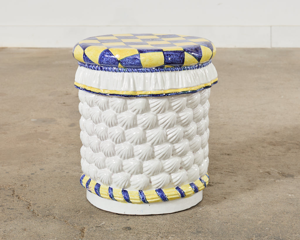Italian Glazed Ceramic Garden Stool or Drinks Table with Seashells
