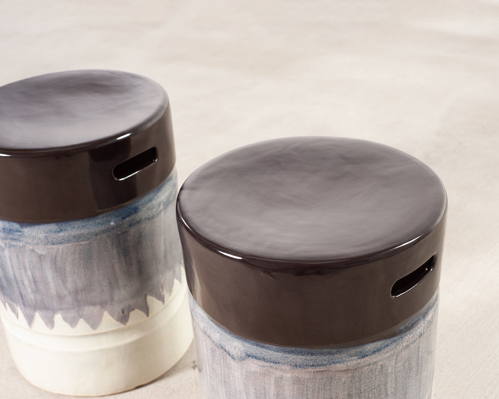 Set of Nine Glazed Terra Cotta Ceramic Stools or Drink Tables