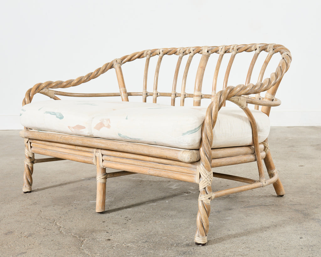 McGuire Cerused Twisted Rattan Settee and Lounge Chair