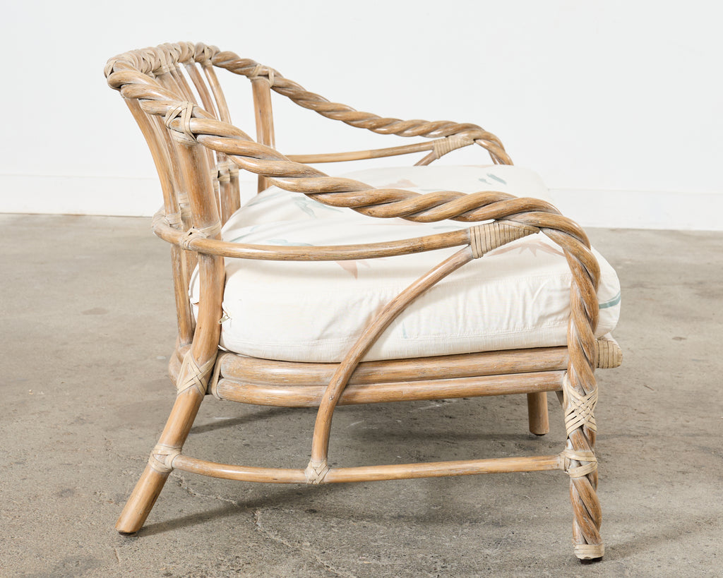 McGuire Cerused Twisted Rattan Settee and Lounge Chair