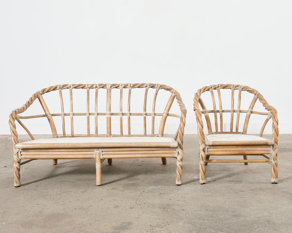 McGuire Cerused Twisted Rattan Settee and Lounge Chair