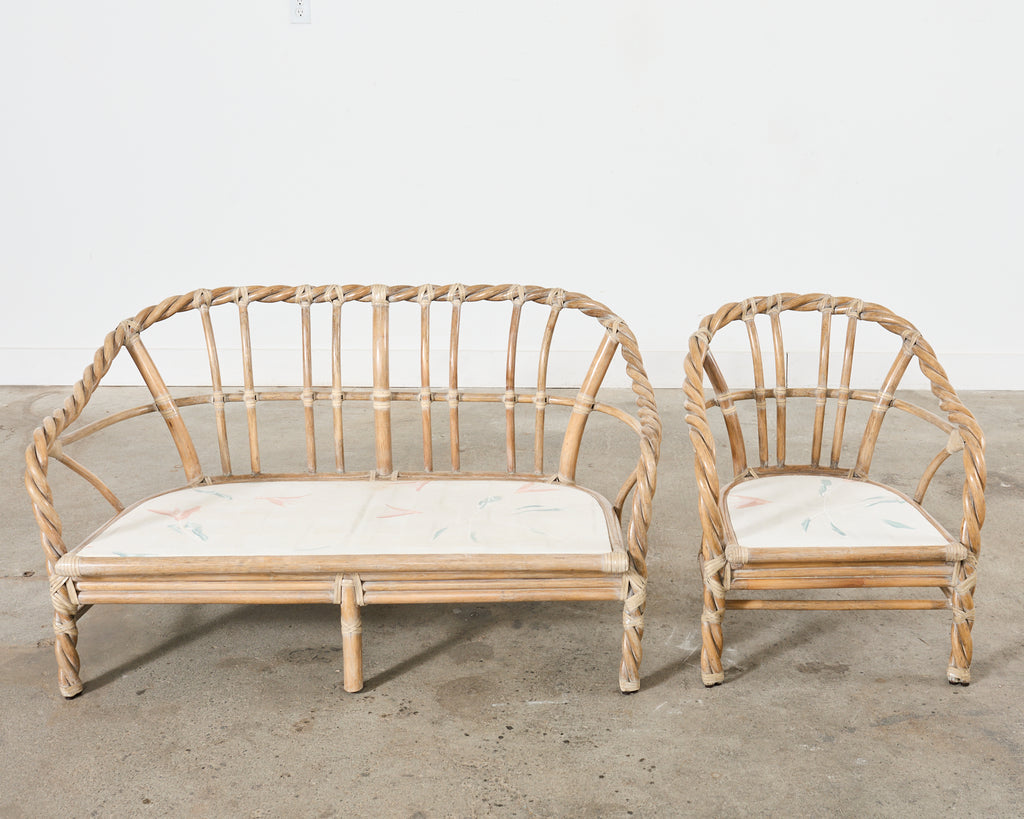 McGuire Cerused Twisted Rattan Settee and Lounge Chair