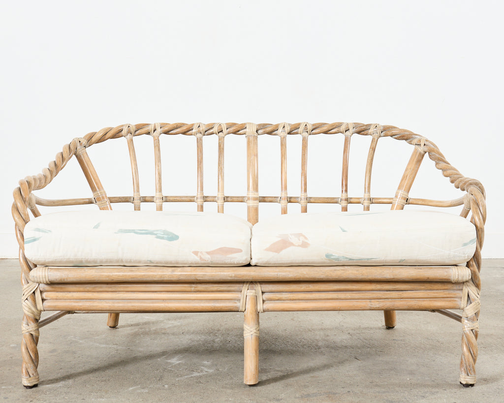 McGuire Cerused Twisted Rattan Settee and Lounge Chair