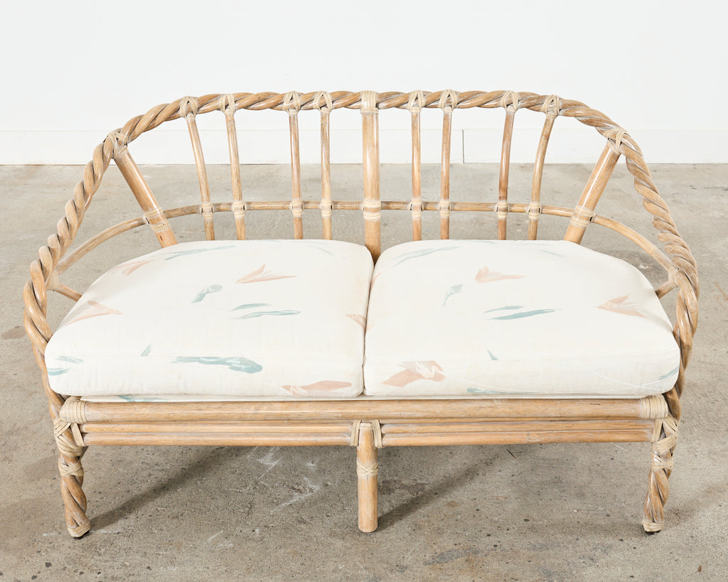 McGuire Cerused Twisted Rattan Settee and Lounge Chair