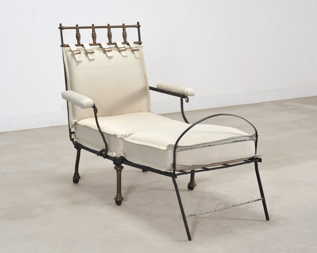 Late 19th C. French Campaign Style Iron Bronze Chaise Longue