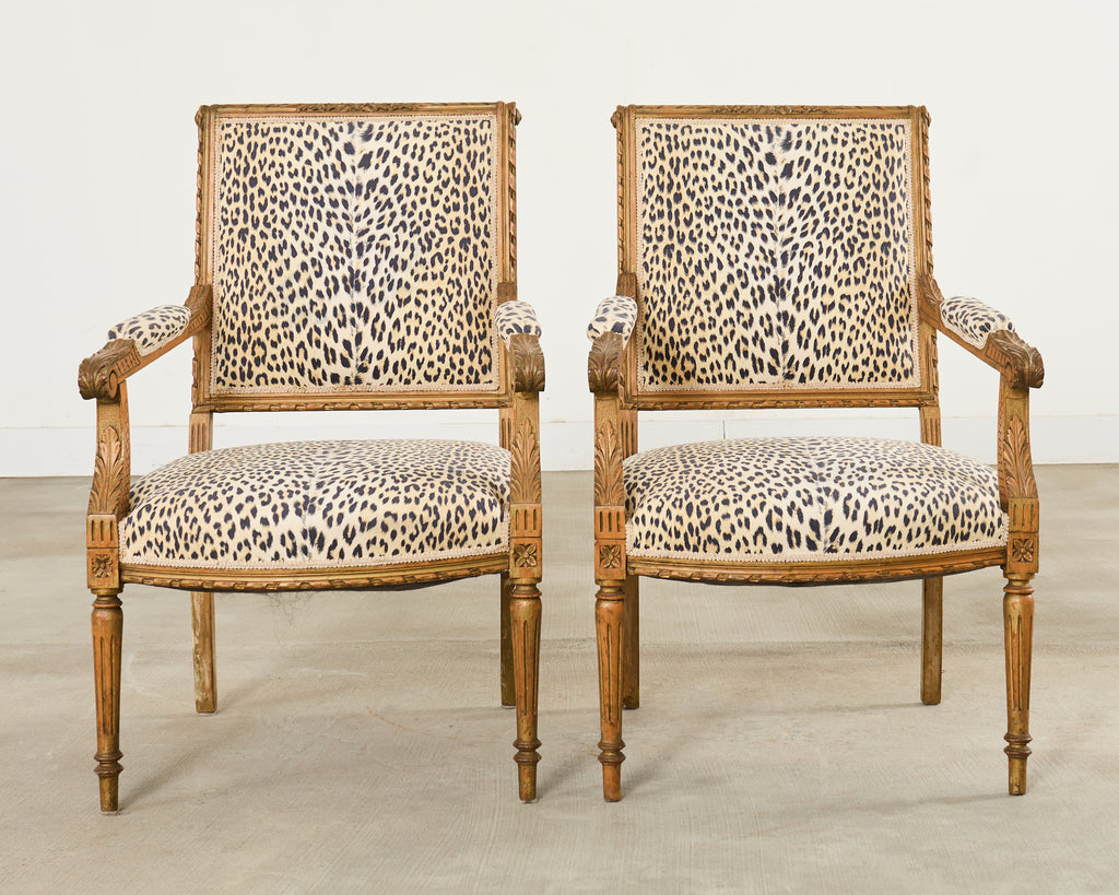 Pair of French Louis XVI Style Carved Beech Armchairs
