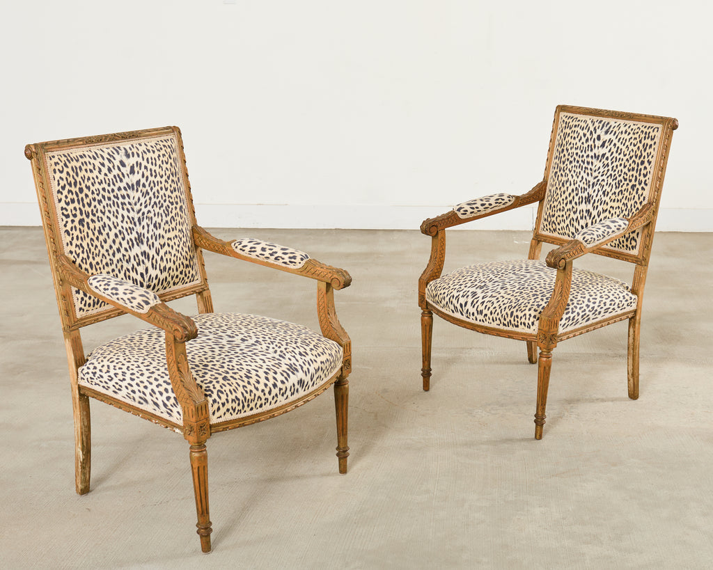 Pair of French Louis XVI Style Carved Beech Armchairs