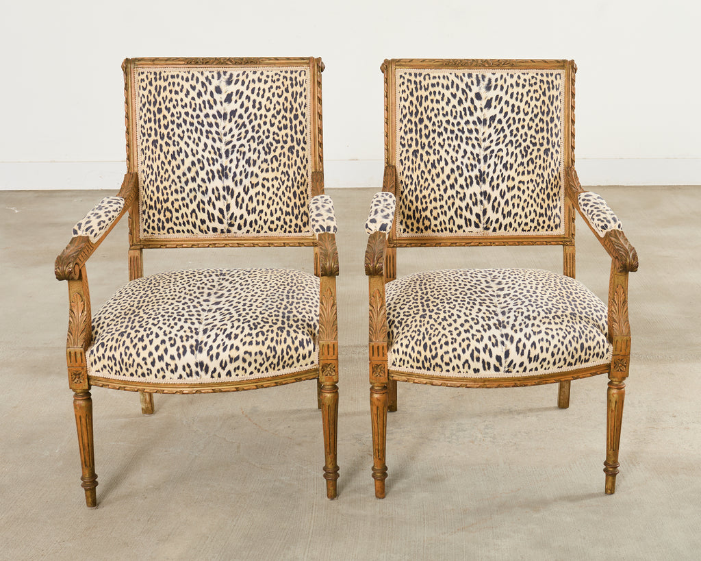 Pair of French Louis XVI Style Carved Beech Armchairs