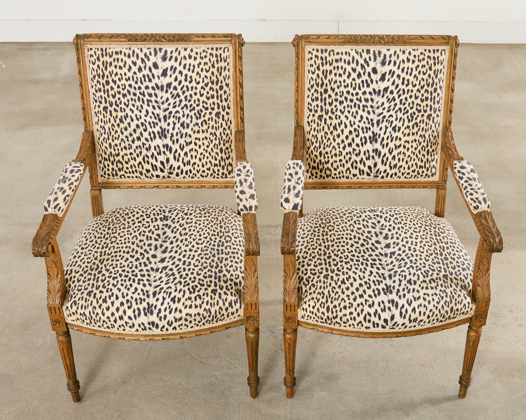Pair of French Louis XVI Style Carved Beech Armchairs